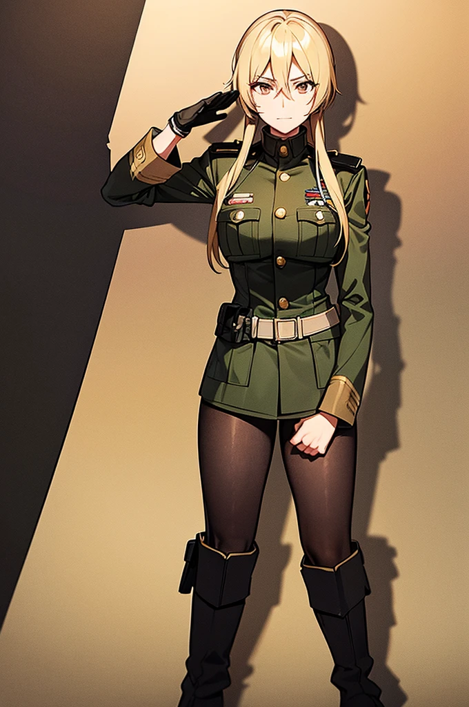 Content:
An anime woman in a military uniform. She has dark brown eyes, tanned skin, blonde hair that ends halfway down her back, and military boots. Her military uniform has themes of brown to reflect the desert background, and she carries binoculars. Her appearance is loosely inspired by Erwin Rommel. She wears a confident smile, looking very mature, with her hands on her hips.

Medium:
Digital art, anime illustration.

Style:
Pixiv contest winner, fine art, with elements inspired by historical military aesthetics and anime character design.

Lighting:
Dramatic, with strong contrasts to highlight her authoritative presence and the details of her uniform. Subtle shadows to add depth and realism.

Colours:
A palette dominated by military greens, browns, and blacks to reflect the desert environment.

Composition:
A full body shot. She salutes to the camera, showcasing her confidence and authority.