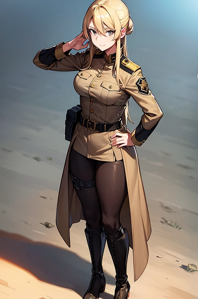 Content:
An anime woman in a military uniform. She has dark brown eyes, tanned skin, blonde hair that ends halfway down her back, and military boots. Her military uniform has themes of brown to reflect the desert background, and she carries binoculars. Her appearance is loosely inspired by Erwin Rommel. She wears a confident smile, looking very mature, with her hands on her hips.

Medium:
Digital art, anime illustration.

Style:
Pixiv contest winner, fine art, with elements inspired by historical military aesthetics and anime character design.

Lighting:
Dramatic, with strong contrasts to highlight her authoritative presence and the details of her uniform. Subtle shadows to add depth and realism.

Colours:
A palette dominated by military greens, browns, and blacks to reflect the desert environment.

Composition:
A full body shot. She salutes to the camera, showcasing her confidence and authority.