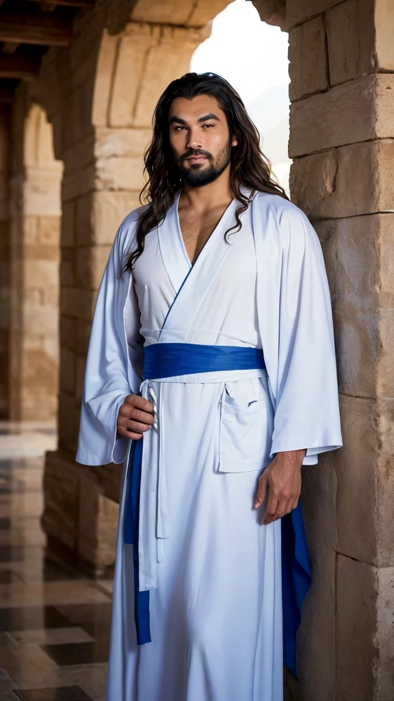 A man wearing a white robe and a blue sash stands in front of a wall, Handsome Prince of Persia, Portrait of a Bedouin D&d, Dressed as Jesus Christ, With an oriental smile, Jason Momoa plays the Assyrian, Young Greek, Images of male clergy, Portrait of a person  