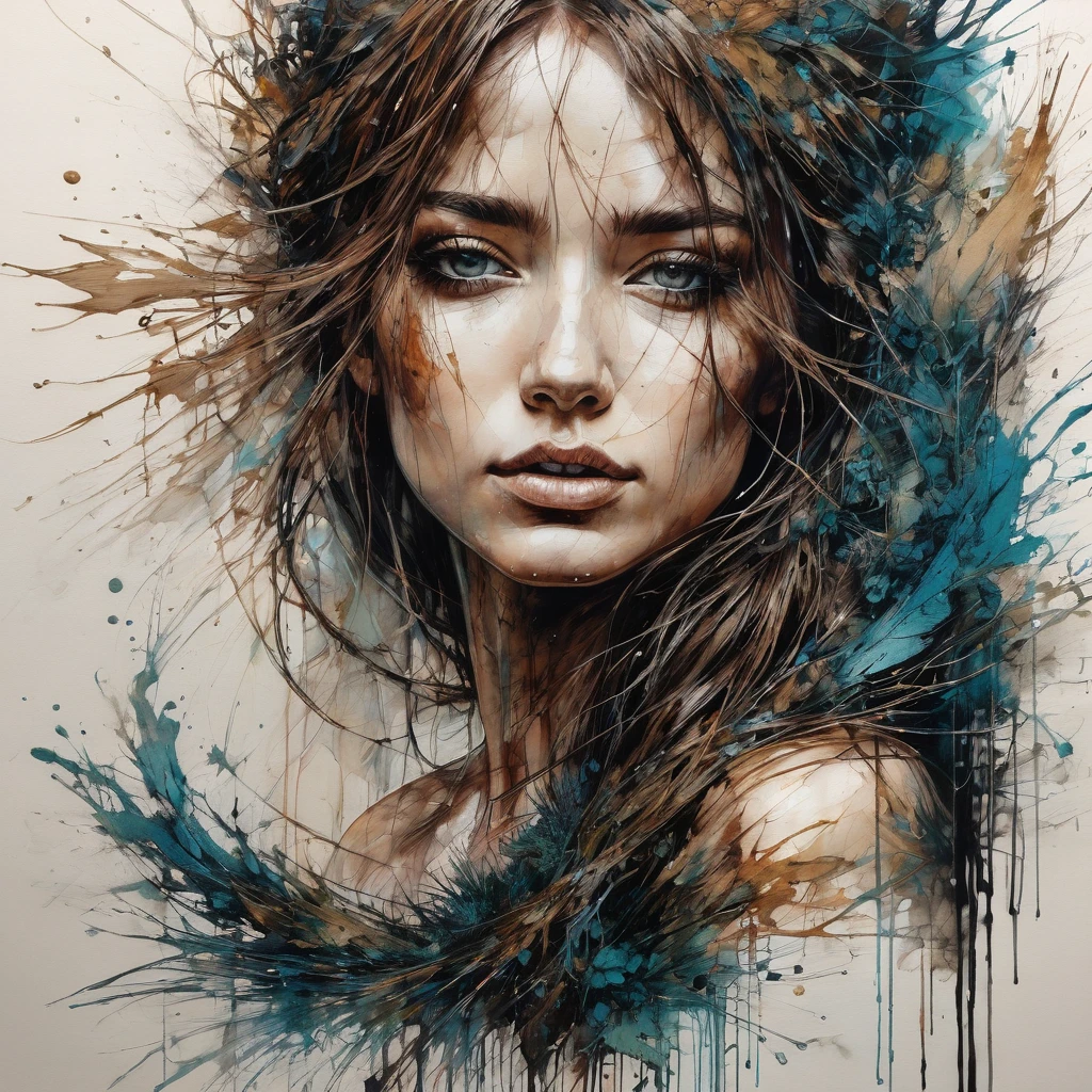 ((amazing quality, award winning, intricately detailed, extremely detailed 8K, masterpiece, painting)),
((style of Carne Griffiths)),
sketch ink artwork of beautiful woman, 
river background,