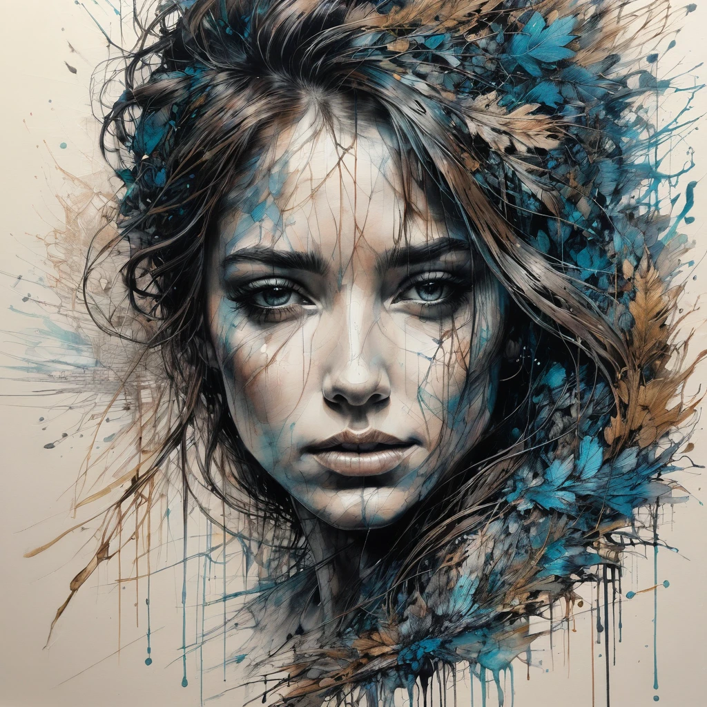 ((amazing quality, award winning, intricately detailed, extremely detailed 8K, masterpiece, painting)),
((style of Carne Griffiths)),
sketch ink artwork of beautiful woman,
river background,