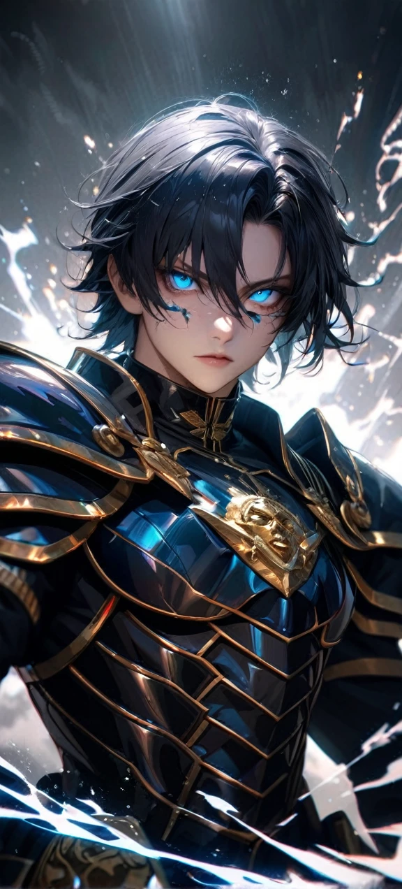 High quality, ultra realistic,absurdres, highres, ultra detailed, HDR, masterpiece, extremely detailed face and eyes, Sagitarius Seiya, Saint Saiya , Dark Armor, solo, ,man, handsome, ,white eyeleshes, blue eyes , villain expresion, black splashing effect, dark black lightning effect,glowing glitters , symetrical , black aura
