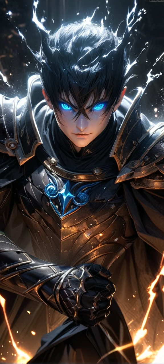  High quality, ultra realistic,absurdres, highres, ultra detailed, HDR, masterpiece, extremely detailed face and eyes,  Sagitarius Seiya, Saint Saiya , Dark Armor, solo, ,man, handsome, ,white eyeleshes, blue eyes , villain expresion, black splashing effect, dark black lightning  effect,glowing glitters , symetrical , black aura