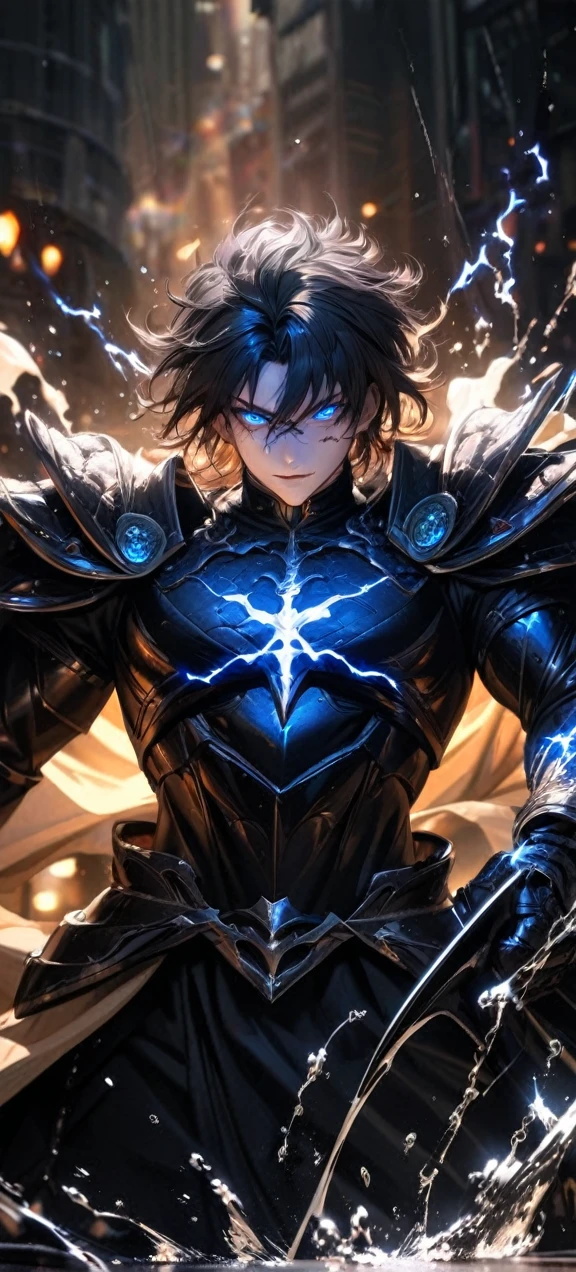  High quality, ultra realistic,absurdres, highres, ultra detailed, HDR, masterpiece, extremely detailed face and eyes,  Sagitarius Seiya, Saint Saiya , Dark Armor, solo, ,man, handsome, ,white eyeleshes, blue eyes , villain expresion, black splashing effect, dark black lightning  effect,glowing glitters , symetrical , black aura