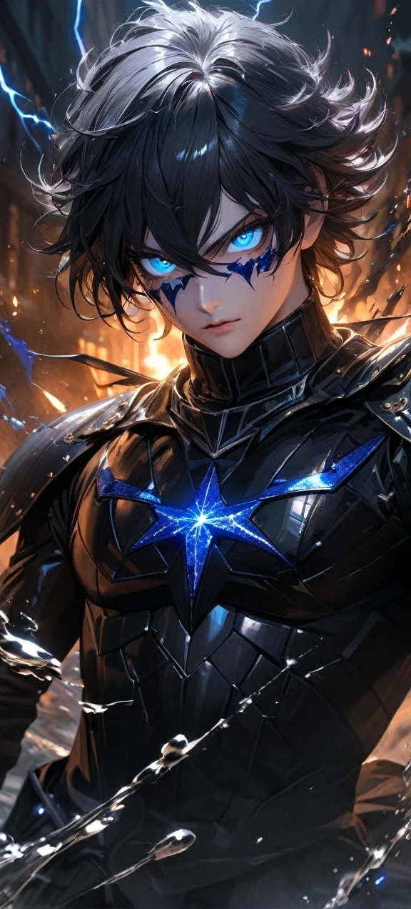  High quality, ultra realistic,absurdres, highres, ultra detailed, HDR, masterpiece, extremely detailed face and eyes,  Sagitarius Seiya, Saint Saiya , Dark Armor, solo, ,man, handsome, ,white eyeleshes, blue eyes , villain expresion, black splashing effect, dark black lightning  effect,glowing glitters , symetrical , black aura