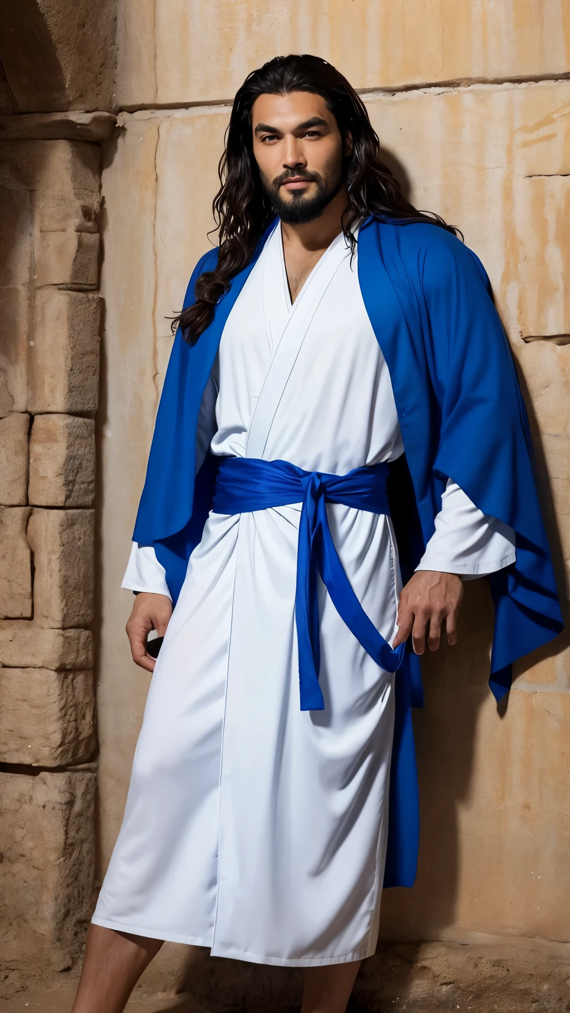 A man wearing a white robe and a blue sash stands in front of a wall, Handsome Prince of Persia, Portrait of a Bedouin D&d, Dressed as Jesus Christ, With an oriental smile, Jason Momoa plays the Assyrian, Young Greek, Images of male clergy, Portrait of a person