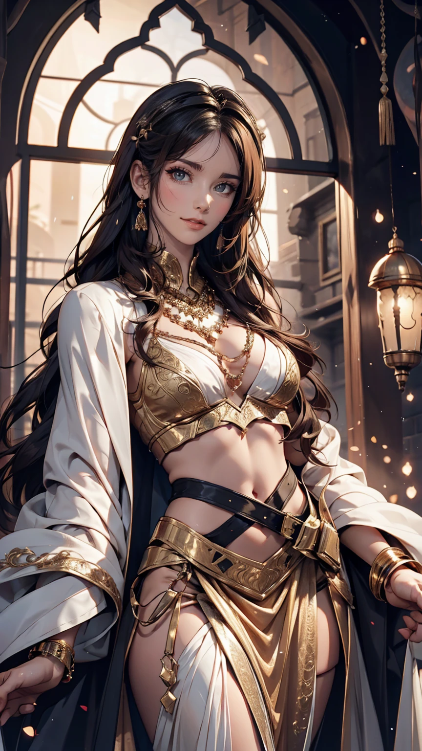 Supermodel with detailed long, curly, flowing hair, Dressed in golden clothes (Translucent and exquisitely embroidered) (Metallic Surgical Mesh Mask) Cover your face, ((mouth is hidden)), wearing strange future fashion,  Luxurious and exquisite gold accents, Cinematography, Exquisitely crafted, Created, Scrupulous, grow, Maximum details, Extremely beautiful, Bokeh, Professional photography