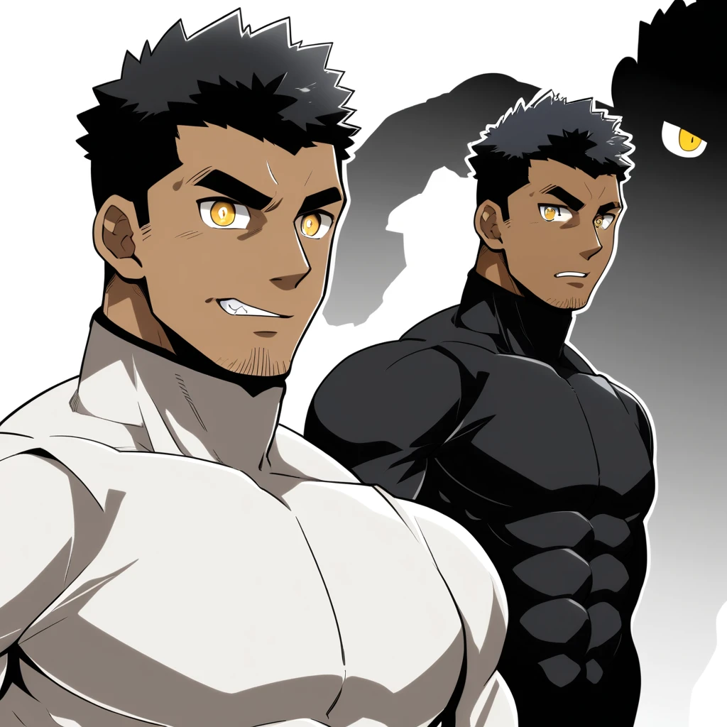 one negro, anime characters:Gyee, Hibino Kafka, One Muscle Sports Student, negro black skin, Very Black, muscular tough guy, Manliness, male focus, Grey long sleeve turtleneck tight t-shirt, Regular symmetrical pattern, Very tight, muscular male, muscular, only, Upper body, alone, Black short hair, Thick eyebrows, stubble, Yellow eyes, White background, simple background, amazing quality, best aesthetics, Ridiculous, bright pupils, crew cut, parted lips, embarrassed, best quality