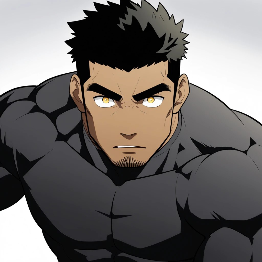 one negro, anime characters:Gyee, Hibino Kafka, One Muscle Sports Student, negro black skin, Very Black, muscular tough guy, Manliness, male focus, Grey long sleeve turtleneck tight t-shirt, Regular symmetrical pattern, Very tight, muscular male, muscular, only, Upper body, alone, Black short hair, Thick eyebrows, stubble, Yellow eyes, White background, simple background, amazing quality, best aesthetics, Ridiculous, bright pupils, crew cut, parted lips, embarrassed, best quality