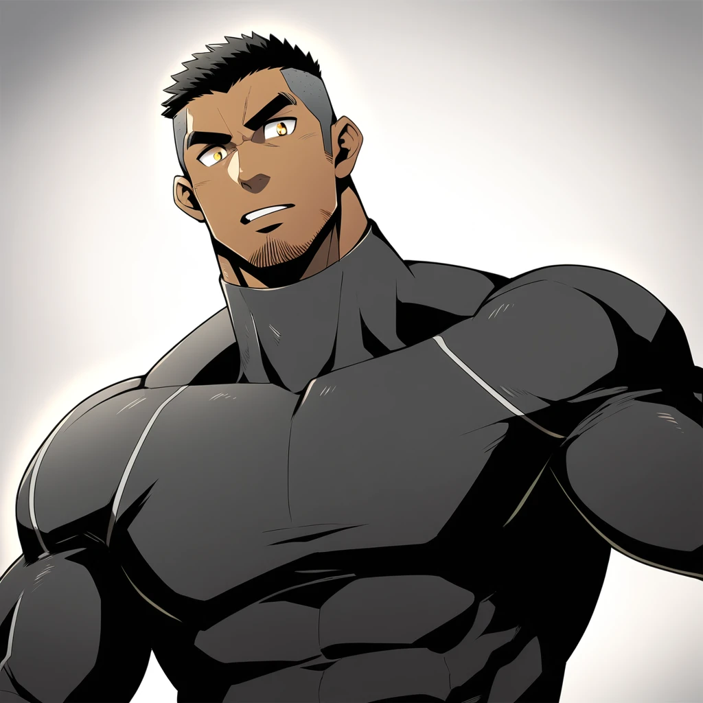 one negro, anime characters:Gyee, Hibino Kafka, One Muscle Sports Student, negro black skin, Very Black, muscular tough guy, Manliness, male focus, Grey long sleeve turtleneck tight t-shirt, Regular symmetrical pattern, Very tight, muscular male, muscular, only, Upper body, alone, Black short hair, Thick eyebrows, stubble, Yellow eyes, White background, simple background, amazing quality, best aesthetics, Ridiculous, bright pupils, crew cut, parted lips, embarrassed, best quality