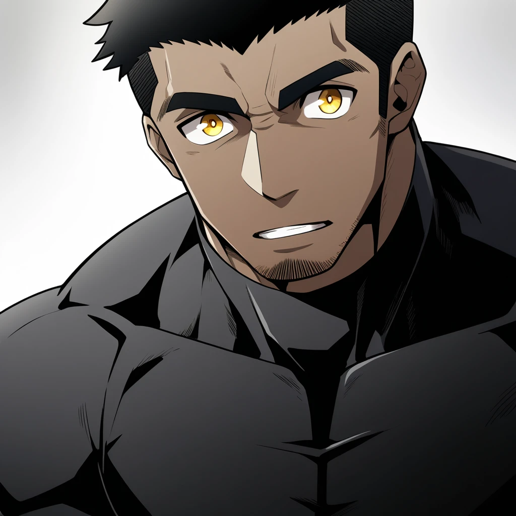one negro, anime characters：Gyee, Hibino Kafka, One Muscle Sports Student, negro black skin, Very Black, muscular tough guy, Manliness, male focus, Grey long sleeve turtleneck tight t-shirt, Regular symmetrical pattern, Very tight, muscular male, muscular, only, Upper body, alone, Black short hair, Thick eyebrows, stubble, Yellow eyes, White background, simple background, amazing quality, best aesthetics, Ridiculous, bright pupils, crew cut, parted lips, embarrassed, best quality