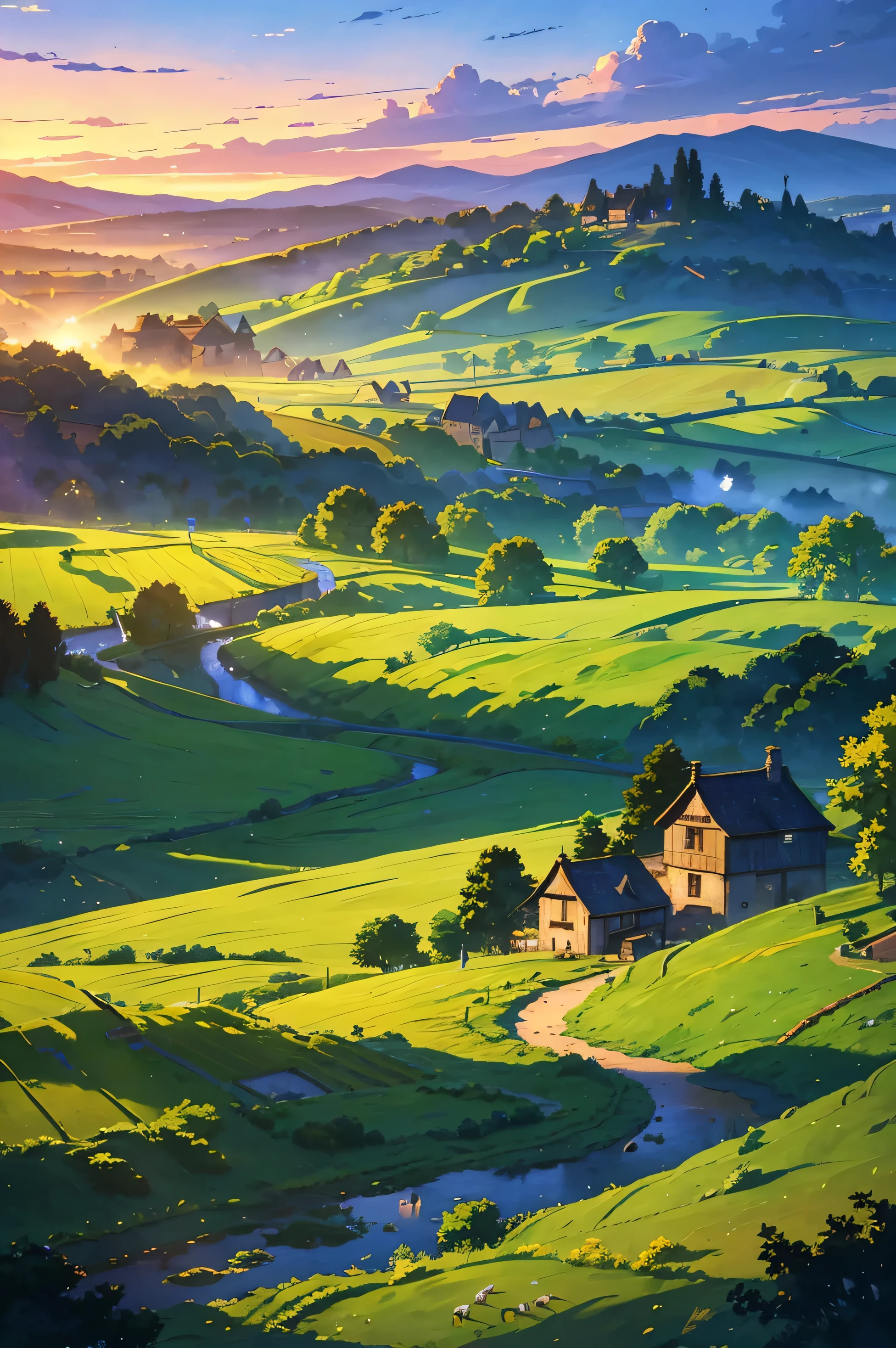 In the middle ages, a breathtaking landscape unfolds before your eyes. The scene is set in a vast wheat field that stretches as far as the eye can see. The golden wheat sways gently in the breeze, creating a mesmerizing dance of movement. In the distance, a majestic windmill stands tall and proud, its sails gracefully turning in response to the wind. Surrounding the windmill are quaint village houses, nestled amongst the fields. These charming dwellings are made of stone and wood, exuding a rustic charm that transports you to a simpler time. A winding rock path leads through the village, inviting you to explore its hidden charms and secrets. The sun shines brightly, casting a warm glow over the scene. Fluffy white clouds dot the sky, adding depth and character to the landscape. The rolling hills in the distance create a sense of tranquility and serenity, as if time stands still in this idyllic countryside. A dense forest borders the village, with tall, majestic trees creating a natural canopy overhead. The lush green grass beneath your feet feels soft and inviting, urging you to take a leisurely stroll through nature. As you wander through the village, you come across a wooden cart filled with freshly harvested produce. The vibrant colors of the fruits and vegetables contrast against the earthy tones of the landscape, adding a burst of life to the scene. This picturesque view is nothing short of a masterpiece, capturing the essence of the middle ages in all its glory. The attention to detail and the ultra-detailed rendering of the elements make the image come alive, transporting you to a bygone era. The overall style of the artwork leans towards realism, with vivid colors and sharp focus. The artist has taken care to depict the scene with studio lighting, highlighting the nuances of light and shadows. The resulting image is a feast for the senses, evoking a sense of awe and wonder. The color palette of the artwork is warm and inviting, with earthy tones domin