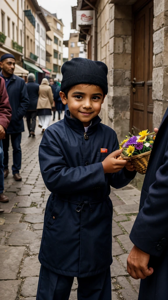 
A  Muslim boy w an innocent smile and hopeful eyes stood in front of a gloomy old man on a city street. The  was offering a basket of beautiful flowers with outstretched hands, trying to improve the old man's mood. The background is a classic city stone wall and a busy street, but the focus of the photo remains on the child's warm expression and the elder's touched reaction, creating a moment full of empathy and hope.very real, high resolution, 8k resolution