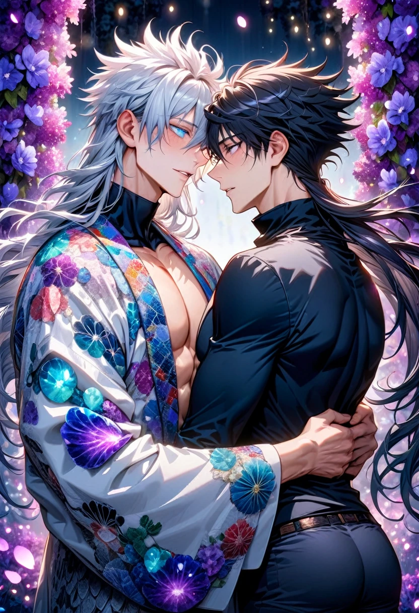 Ultra detailed, highres, absurdres, HDR, master piece, Gojou Satoru, white hair with bangs, long hair, hair between the eyes, blindfolded eyes, Fushiguro Megumi, black hair, expressive blue eyes, long hair, black scarf with patterns, white haori, Jujutsu Kaisen, fantasy, purple and violet petals, violet forest, purple flowers, handsome, two sexy man together, gay couple, yaoi, love, magical, shining fireflies, best quality, extremely detailed face, black tight shirt, toned chest