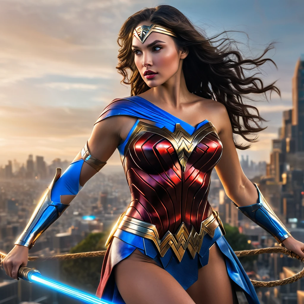 Hyper-realistic 16K image with modern futurism style, inspired by innovative conceptual art. | Eiza González as Wonder Woman, presenting a mix of classic and futuristic elements in her costume, which combines the traditional colors of red, blue and gold with touches of neon and advanced technology. His shining, metallic armor is intricately detailed with lines of electric blue light that run along its contours, highlighting his power and majestic presence. Her brown eyes radiate determination and strength, while her black, wavy hair flows in the wind, adding dynamism to the scene. | She is positioned atop a rocky hill, interacting with her glowing lasso of truth that emits an intense golden glow, engaging herself in a dynamic and powerful pose. | The composition follows the rule of thirds, with the camera at a low angle to emphasize his heroic stance, capturing his figure in a long shot. | Stunning cinematic lighting effects highlight the contrasts between light and shadow, creating an epic and vibrant atmosphere. Realistic depth of field, combined with a slight blur in the background, brings out the sharpness of foreground details, while the futuristic cityscape in the distance adds context and depth. | A stunning shot of Eiza González as Wonder Woman, in a dynamic pose, holding her lasso of truth in an epic futuristic setting. (((full_body_shot))) | (((((The image reveals her in a full-body_shot, striking an extroverted_pose, leaning enticingly on a structure within the scene. She assumes a relaxed_pose as she interacts, leaning on the structure in the scene, reclining gracefully to add an extra allure to the image))))). | ((perfect_body)), ((perfect_pose)), ((full-body_shot)), ((perfect_fingers, better_hands, perfect_hands)), ((perfect_legs, perfect_feet)), ((perfect_design)), ((fix_errors, perfect_composition) ), ((very detailed scene, very detailed background, perfect_layout, correct_imperfections)), ((fix_errors, More Detail, Enhance))