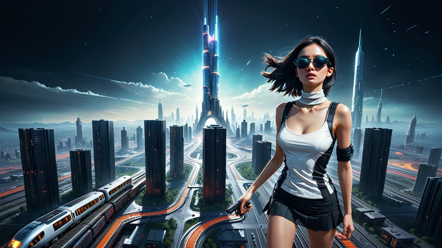 Futuristic cityscapes with colorful all-glass outlined towering skyscrapers with lightning, flying vehicle. High-resolution OLED GUI interfaces in the building, The windows are filled with transparent data visualization infographics that show it all, from weather patterns to traffic flow. Colors are saturated and vibrant. At night, (1girl, solo, alone), photorealistic, large-breast slim:0.6 body, oval:0.5 face, cleavage:1.1, very low angle view of pleated miniskirt, deep-v, (???????), glove, (Matrix style black micro sunglasses), dynamic running pose, (half-body thigh level close-up shot), cinematic lighting, ray tracing, motion blur background.