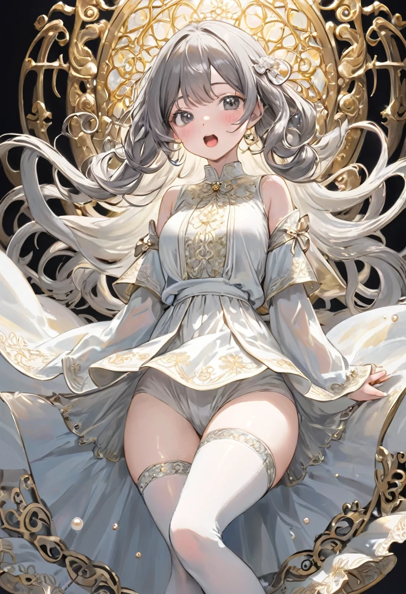 girl, Gold and silver embroidery, White pearl medieval long dress(With panniers), Translucent fabric, Pull up the dress by hand, Strong winds, Translucent slip, Grey translucent tights, Peeking from below, Highest quality, Disorder of clothing, sit,Crotch close-up, whole body, Spread your legs,orgasm,blush, Sweat,White panties、Squat、Look at this、skirt、、Attacked by tentacles、Tentacles wrap around my legs、Tentacles in the crotch、Captured by tentacles、cry、shout、Ecstasy face、skirtの中の触手、Do not run away、Lying down、Torn clothes、skirtの下からスパッツが見えます、Spread your legs、Disheveled clothing、skirtをめくった、
