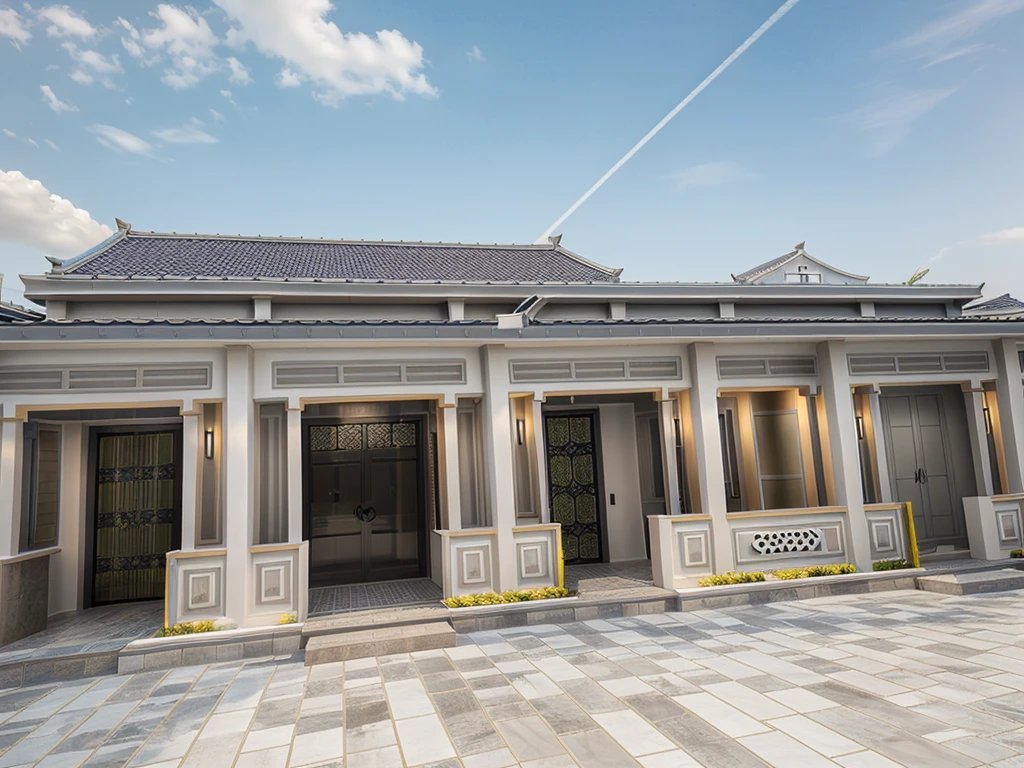 Modern architecture, xinfa aluminum glass doors, (stone wall, white paint), trần ốp gỗ, best quality, super detailed, true, expression, Gray Japanese tile roof, Yellow light temperature 4000k, The courtyard is covered with ceramic tiles, green exterior, evening sky