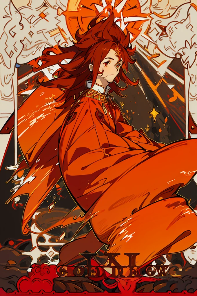High-quality digital painting of a young man with long flowing brown hair and piercing orange eyes, adorned in majestic royal attire, controlling vibrant flames with a single pair of enormous crimson wings sprouting from his back, intense and powerful, detailed hair and facial features without facial hair and without fire or accessories on the face, fiery and majestic, fantasy, vibrant color palette