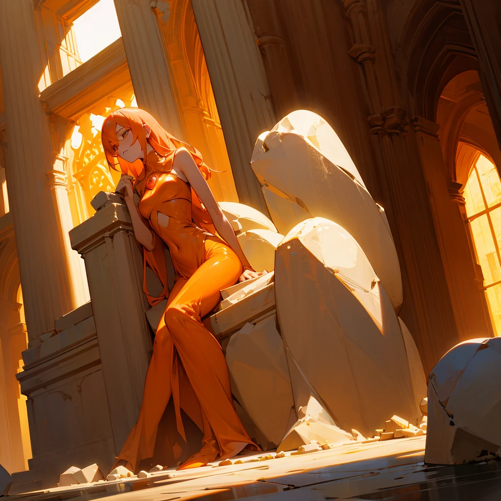 Magestic Statue made of Sunstone, ruins, under the surface, female, Glowing Orange