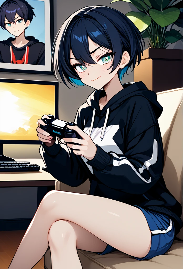 Best quality: 1.0), (super high resolution: 1.0), anime girl, short black hair, blue eyes, sitting in front of computer playing games, background in esports room,