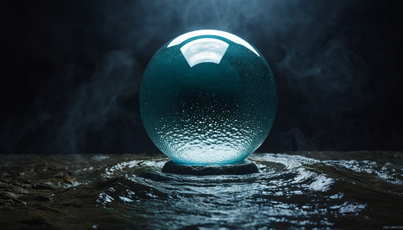 Fantasma acima das ondas da tempestade e sob os raios dentro de uma enorme bola de vidro, fechar-se, quadro completo, fotorrealismo, Hiperrealismo, texturas e detalhes da mais alta qualidade, 8K, Formato amplo, RGB 24 bits, volumetric artistic lighting, three-dimensional rendering, filmado em Panasonic Lumix S5 Mark II, O trabalho de Luciano Ventrone, o melhor na Artstation