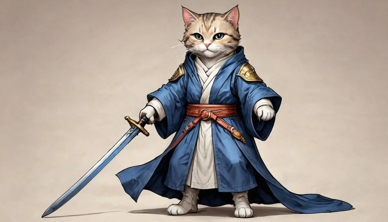 the feline cat in the robes and sword. in the style of anime - inspired charater design ar 1:2 v5