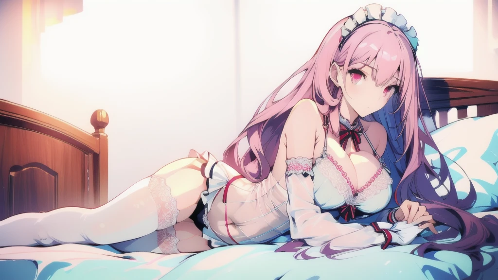 ((masterpiece, best quality)), Delicate face，Maid，whole body，Long legs，Large Breasts，Gradient long wavy hair，Perfect body proportions，Nice pink eyes，Extremely beautiful，transparent， Pure white background，Lying on the bed，Erotic_lingerie，Sexy_Bikini，Lace，Garter stockings