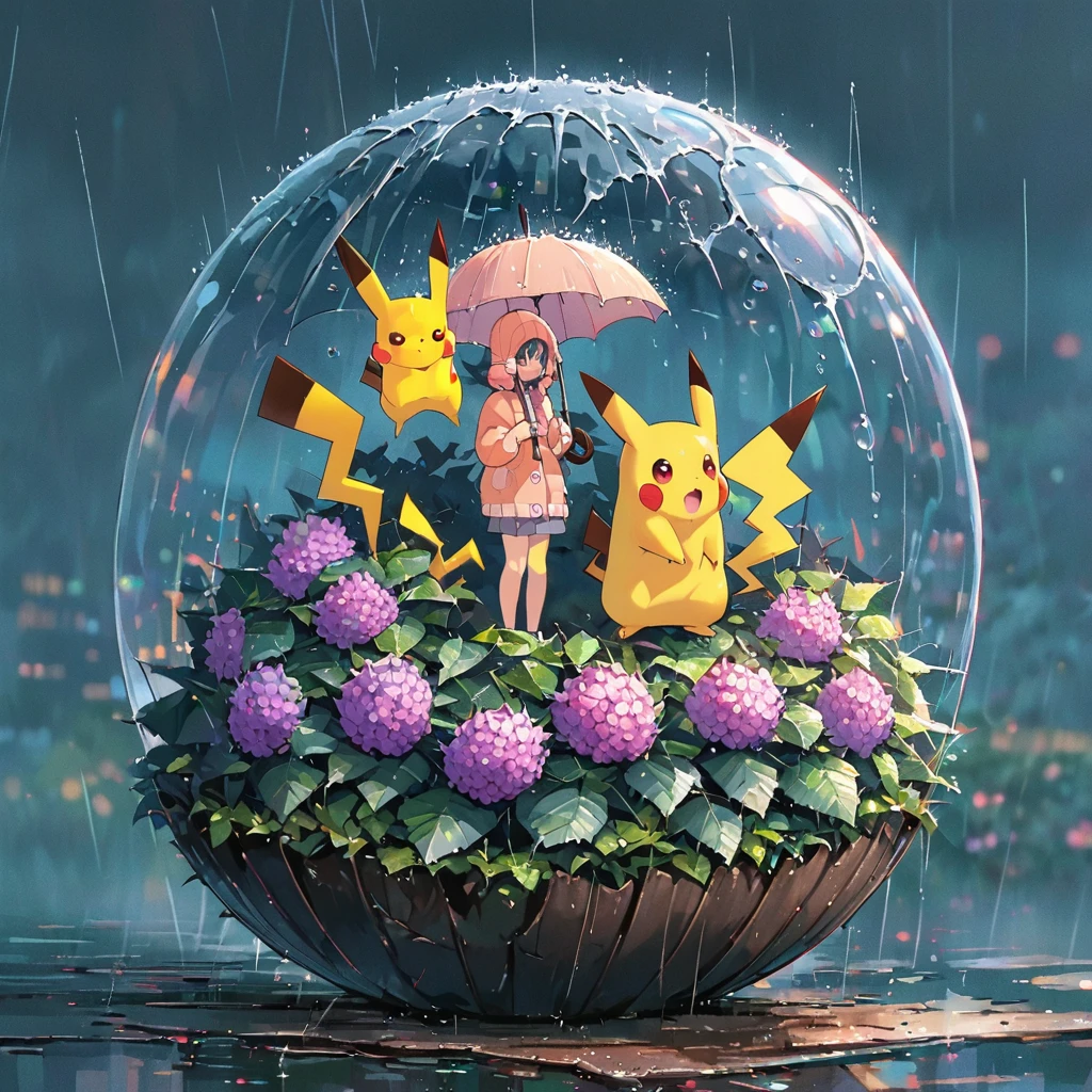 ((anime:1.4,illustration)),(masterpiece, top quality, best quality),(ultra-detailed, absolutely resolution),((16k, high res)),
(((A sphere made of hydrangeas, Pikachu standing on it,
Pikachu holding an umbrella, rain, light blue background))
((cozy lofi illustration:1.4)), ((anime:1.4, illustration)),(masterpiece, top quality, best quality),(ultra-detailed, absolutely resolution),((16k, high res)) BREAK {lofi art, style of Laurie Greasley, style of Makoto Shinkai, anime aesthetic}, BREAK { (produces images with information than 40 million pixels with cinematic-like detailed textures shot on a Sony SLR).}