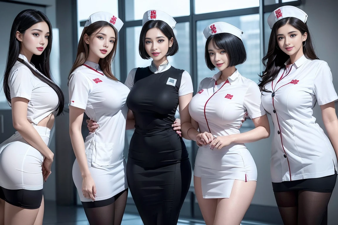 (3 Ultimate Beauty Nurse)、{{{masterpiece}}}, {Oh oh oh, Oh, really:1.2}, best quality, Official Art, Highly detailed CG Unity 8k wallpaper, Very rich facial details、Delicate lips、Delicate eyes、Double eyelids、((black bob hair))、(Nurse:1.3)、(Attractive figure)、(huge)、((Open mouth smile: 1.8, Lovely smile: 1.8)), solo, Short hair details, Energetic smile, blue eyes,With eyes_Tokar, {Beautiful detailed gradient eyes}, Red lips,thigh, thigh, thigh, Perfect fit, Perfect ImageReality, Background and: (Hospital Ward:1.2), Cow Boy Shooting, Detailed background, Detailed clothing, Wearing a nurse hat,Wear nurse uniform,Perfect lighting、Surreal、(Reality:1.4)、8K maximum resolution, (masterpiece), Very detailed content, professional,