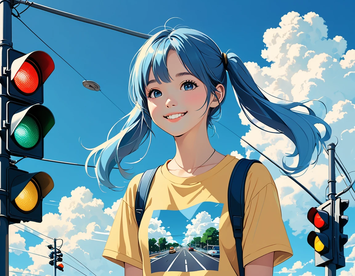 Traffic lights flashing blue against a blue sky、Traffic lights floating in the sky、Light blue long hair、Beautiful girl with twin tails、Bright smile、Yellow T-shirt and jeans、The traffic light is flashing blue、White clouds on a clear sky、Face Highlights、Lo-fi art style, Nostalgic and melancholic artwork,