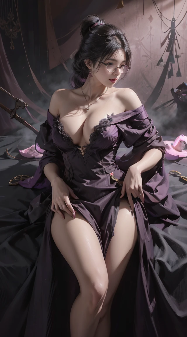 Dark style、Succubus、Devil's Daughter、Bat Wings,(((Demon Hornlack-rimmed round glasses))))、(((Colossal tits)))、(Devil's Tail),(Woman lying on bed)1 girl, Silver hair, striated hair, Bangs, Blunt bangs, Long hair, Pink hair, aqua eyes, longeyelashes, Purple eyes, makeup, Smile, Parted lips, Realism, Verism, surrealism, depth of fields, One-person viewpoint, retinas, masutepiece, ccurate, Anatomically correct, Textured skin,(Coarse short sweater)Floats off the shoulders、off shoulderlack tight skirt((Full Body Angle))、stick out buttocks)、(shapely breasts,)、((sexypose)))、(camel's toe), tongue、Vaginal orchids、Runny Vaginal Discharge、Blowing tide、Very beautiful breasts、Grasp your breasts with both hands、sexual excitement、 Expressions、shinny skin。realisitic、(Kpop Idol)、Medium Hair、(Pink blush)、(illuminating)、(solo)、dynamicposes、((erectile nipple))、(Puffy eyes:1.2)、 (Slim legs)、erotick