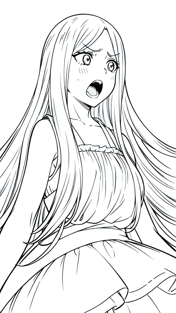 (1girl,12 years old,solo),pink hair,extra long hair,(medusa hair),simple dress,sleeveless,(white background,line drawing),screaming, sad,running,upper body