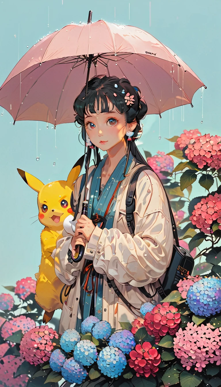 ((anime:1.4,illustration)),(masterpiece, top quality, best quality),(ultra-detailed, absolutely resolution),((16k, high res)),
(((A sphere made of hydrangeas, Pikachu standing on it,
Pikachu holding an umbrella, rain, light blue background))
((cozy lofi illustration:1.4)), ((anime:1.4, illustration)),(masterpiece, top quality, best quality),(ultra-detailed, absolutely resolution),((16k, high res)) BREAK {lofi art, style of Laurie Greasley, style of Makoto Shinkai, anime aesthetic}, BREAK { (produces images with information than 40 million pixels with cinematic-like detailed textures shot on a Sony SLR).}
