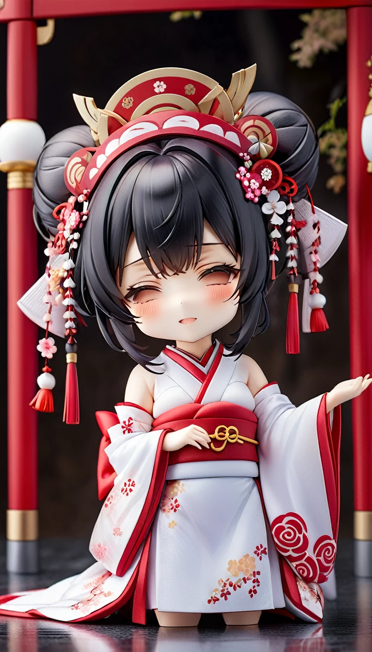 (nendoroid:2.0) (Japanese June Bride style) (15 yo, solo) ((blunt bangs, oiran hair)) (black hair long hair sexy shrine maiden girl, sexy closed eyes) ((beautiful make up)) (in a sexy japanese bride A silk:1.3 White wedding kimono), (in the divine Dazaifu Tenmangu Shrine), BREAK, perfect anatomy, masterpiece, best quality, 16k, beautiful detailed grow, daydreaming expression.