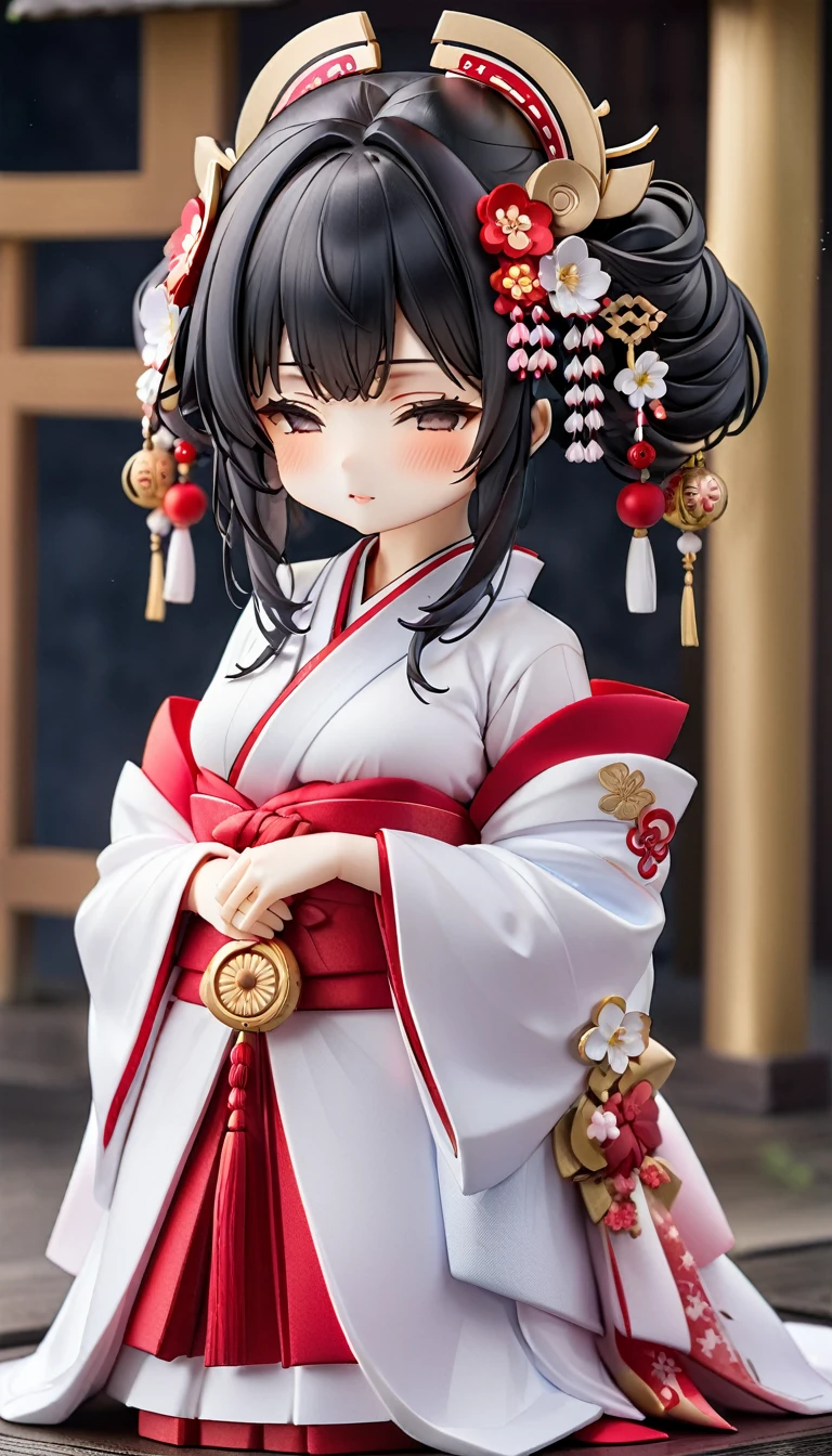 (nendoroid:2.0) (Japanese June Bride style) (15 yo, solo) ((blunt bangs, oiran hair)) (black hair long hair sexy shrine maiden girl, sexy closed eyes) ((beautiful make up)) (in a sexy japanese bride A silk:1.3 White wedding kimono), (in the divine Dazaifu Tenmangu Shrine), BREAK, perfect anatomy, masterpiece, best quality, 16k, beautiful detailed grow, daydreaming expression.