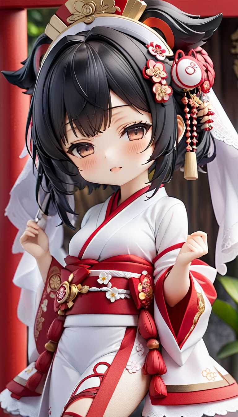 (nendoroid:2.0) (Japanese June Bride style) ( yo, solo) ((blunt bangs, oiran hair)) (black hair long hair sexy shrine maiden girl, sexy closed eyes) ((beautiful make up)) (in a sexy japanese bride A silk:1.3 White wedding kimono), (in the divine Dazaifu Tenmangu Shrine), BREAK, perfect anatomy, masterpiece, best quality, 16k, beautiful detailed grow, daydreaming expression.