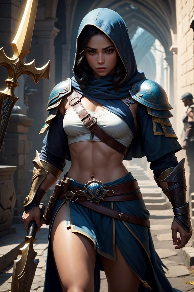 crie uma mulher, 1,78 de altura, medium thighs, medium breasts, pele parda, roupas pretas estilo assasin's creed, , olhos vermelhos, cabelos pretos, golden armlets, some golden lines around the forearms, algumas tatuagens tribais em volta das coxas, holding a glowing battle ax in his hands, olhando para mim com olhar timido, background lua cheia a noite obra prima, qualidade impecavel, HDR, cinematica, Ray Tracing