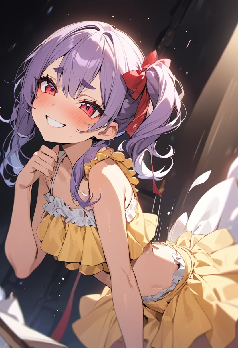 (anime style),masterpiece, best quality, extremely detailed,tanned skin,12yo loli,dark skin Beautiful body,bouncing_breasts,BREAK,multicolored dark Purple hair,little side ponytail,short hair with long locks,BREAK,red eyes,naughty smile,shy,eyes half open,thick eyebrow,smug,open mouth,eyes widen,sensual face,smile face,detailed lips,False eyelashes,BREAK,cotton red big ribbon,BREAK, yellow camisole dress,midriff baring outfit,frilled clothing,bridal gown,lmicroskirt,break,head tilt,coquettish pose