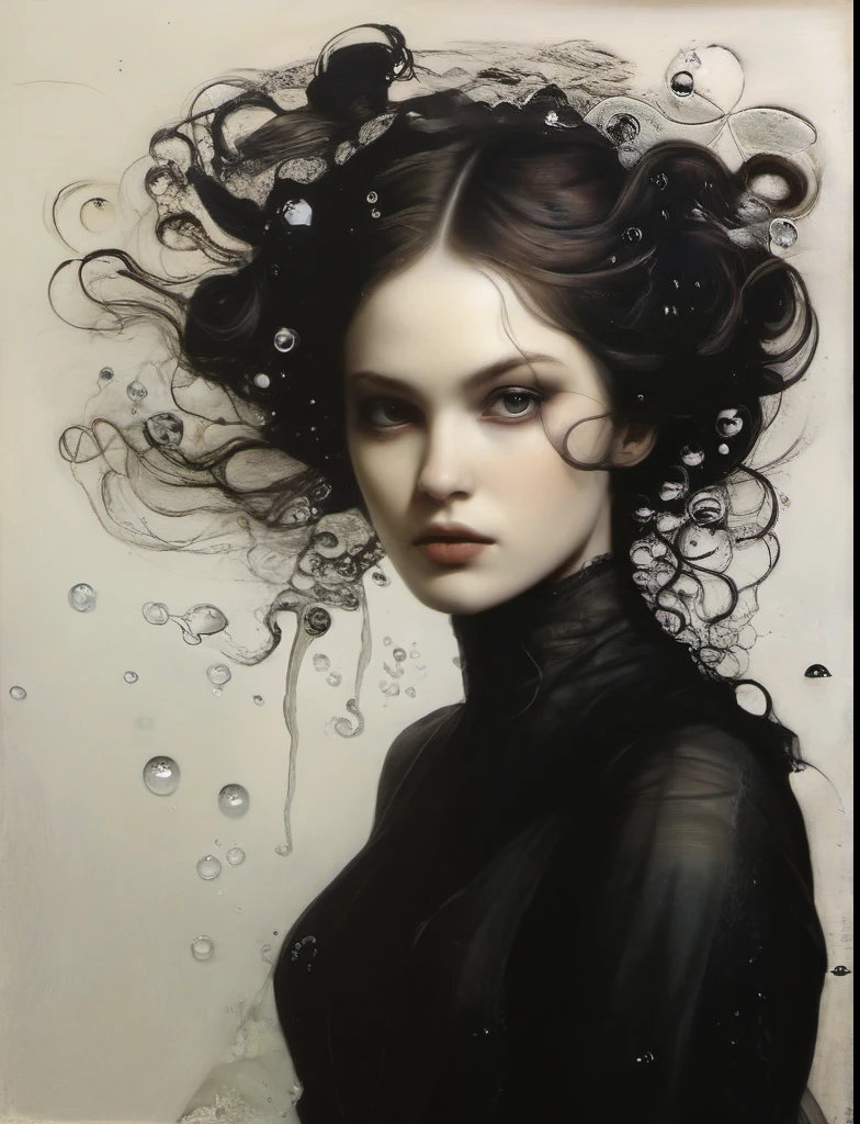 James Gurney, Surrealist art , dream-like, mysterious, Provocative, symbolic, Complex, detailed,, (Gothic but very beautiful:1.4), (masterpiece, Highest quality:1.4) , Nicola Samori Style, siren 、Water bubbles、Wavy Hair