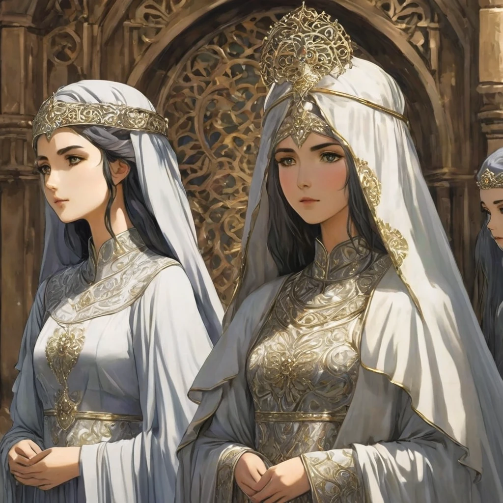 Gondorian women in a almost gothic quasi byzantine gown a white silver or pale gray with intricate detail wearing a pale filmy headveil with small somewhat simple design silver slender circlet around itkinda anime looks fee
