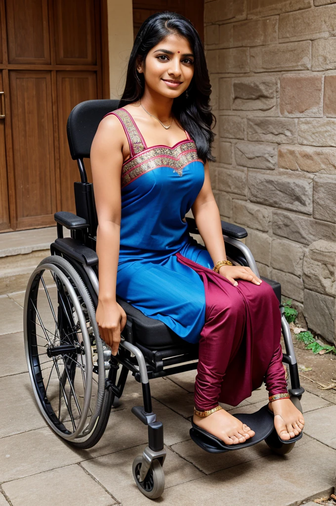 Physically disabled women in wheelchair with Indian dress

