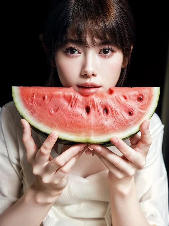 there is a woman holding a slice of watermelon in her hands, the material is!!! watermelon!!!, watermeloncore, watermelon, Wearing a melon,, watermelons,, young pretty gravure idol, beautiful asian girl, ,,,,Pale milky porcelain skin, Milky skin,, White skin like porcelain,Pure white skin,Smooth transparent white skin,Soft Portrait Shot 8k, , Photorealistic perfect body, Real young gravure idol, , Photorealistic Animation, ,,(8K, RAW Photos, Ultra-high resolution, highest quality, masterpiece:1.2), (Realistic illustrations), (Highly detailed CG Unity 8k wallpaper), 