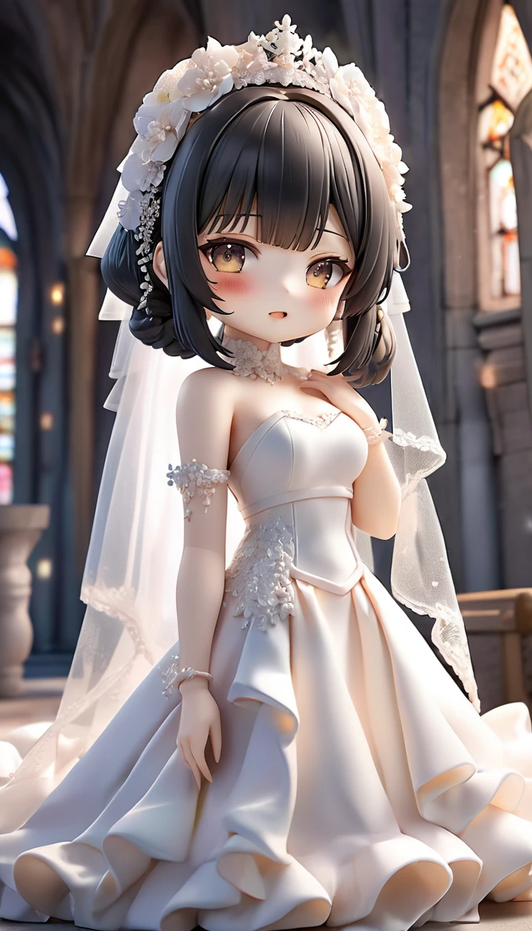 (nendoroid:2) (June Bride style) ( yo, solo) ((blunt bangs)) black hair long hair sexy girl, sexy closed eyes) ((makeup, rozy mouth)) (in a sexy bride A stunning silk:1.3 wedding dress), (in the divine Chapel), BREAK, perfect anatomy, masterpiece, best quality, 16k, beautiful detailed grow, daydreaming expression.