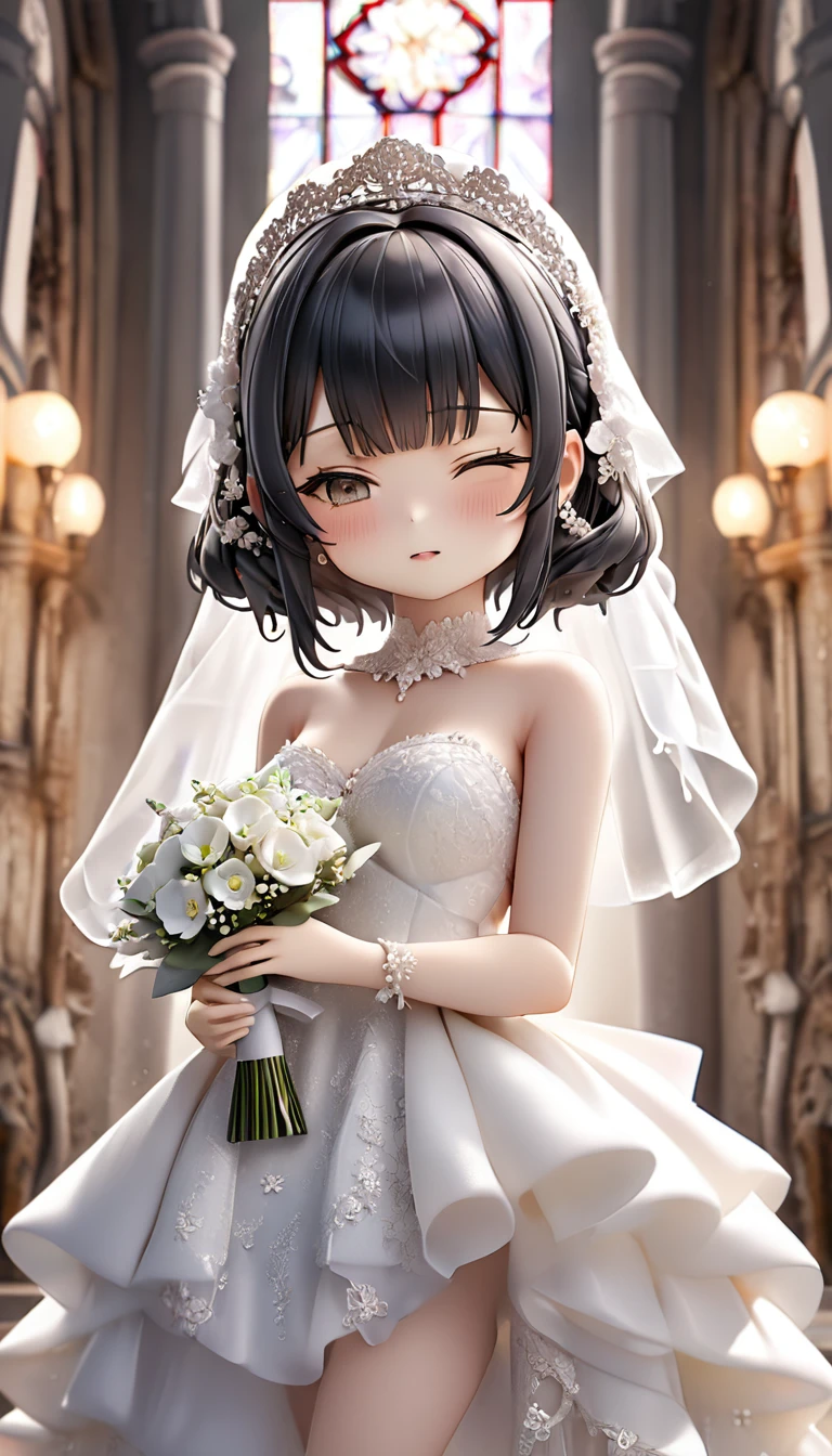 (nendoroid:2) (June Bride style) (15 yo, solo) ((blunt bangs)) black hair long hair sexy girl, sexy closed eyes) ((makeup, rozy mouth)) (in a sexy bride A stunning silk:1.3 wedding dress), (in the divine Chapel), BREAK, perfect anatomy, masterpiece, best quality, 16k, beautiful detailed grow, daydreaming expression.