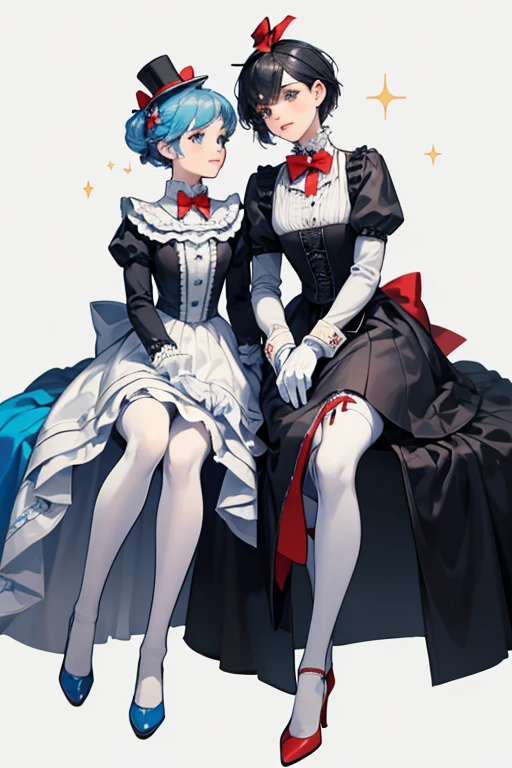 Pip and Dot are a living domino with Pip on the top wearing a blue 19th century style Stovepipe hat, along with black sleeves and white gloves and Dot on the bottom wearing a gray skirt and red heels with white stockings. The two halves also share a red bow, acting as Pip's bow tie and Dot's hair bow. SPARKLE; GLITTER