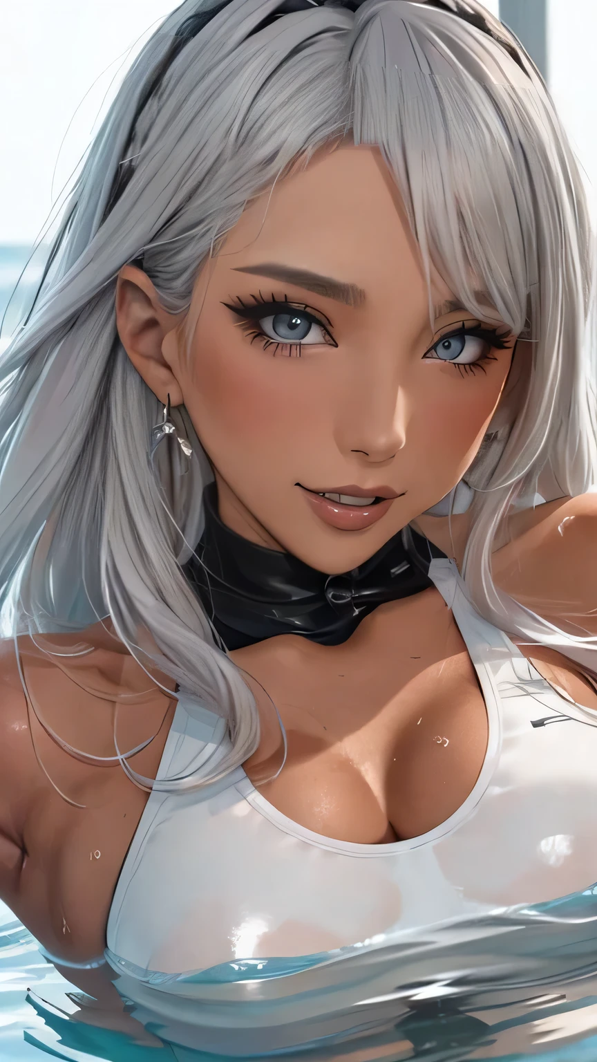 (Random sexy Pose),(floating in water),(soaked),(rash guard:1.2),silver hair,(tanned skin:1.5),(Thin type:1.8),(big breasts),(random hairstyle),(Highest image quality,(8k),ultra-realistic,best quality, high quality, high definition, high quality texture,high detail,beautiful detailed,fine detailed,extremely detailed cg,detailed texture,a realistic representation of the face,masterpiece,Sense of presence)