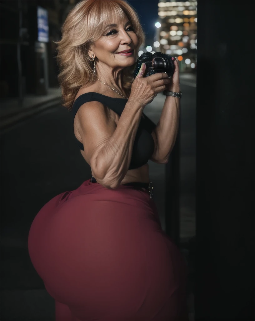 Beautiful 65 year old grandmother, mulher idosa de cabelos brancos, with her back to the camera showing a huge ass, cintura muito fina, quadril largo, beautiful grandmother, linda velha, night and urban scenery with bokeh and flares on camera