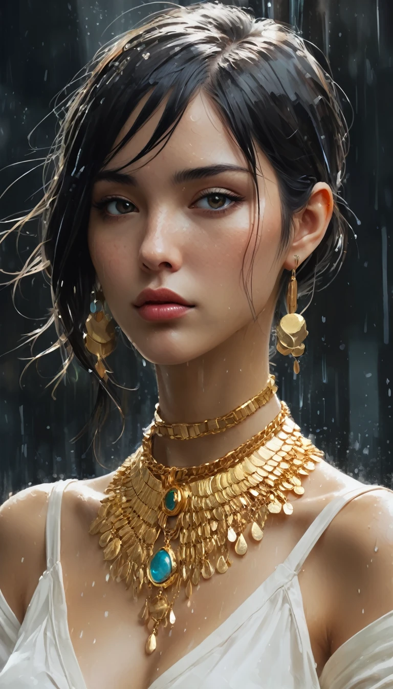 Jeremy mann style, luxury lithography flat vector style art, Stylish woman wearing a large gold rain necklace, Golden Ratio, False details, Trending pixiv fanbox, Acrylic Palette Knife, style of makoto shinkai studio ghibli genshin impact james gilleard greg rutkowski chiho aoshima, Wow_figure_style
