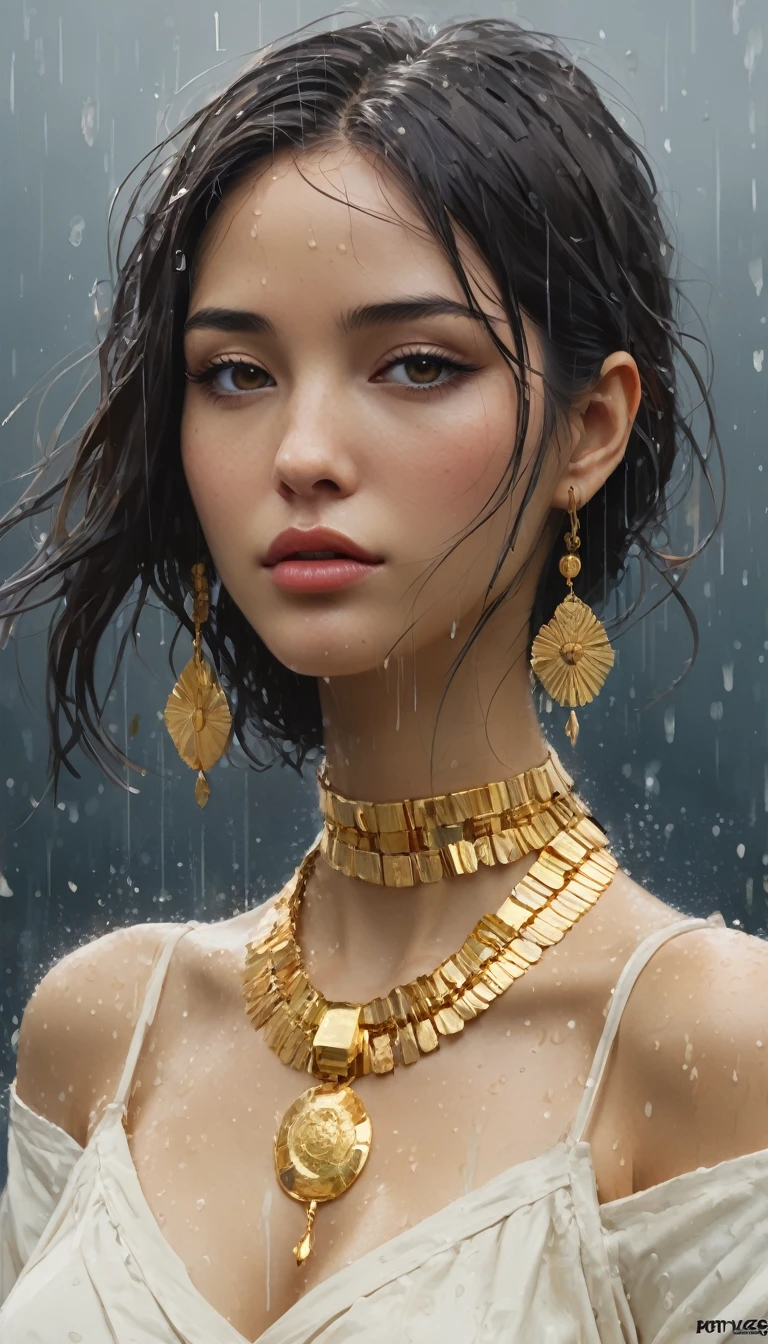 Jeremy mann style, luxury lithography flat vector style art, Stylish woman wearing a large gold rain necklace, Golden Ratio, False details, Trending pixiv fanbox, Acrylic Palette Knife, style of makoto shinkai studio ghibli genshin impact james gilleard greg rutkowski chiho aoshima, Wow_figure_style